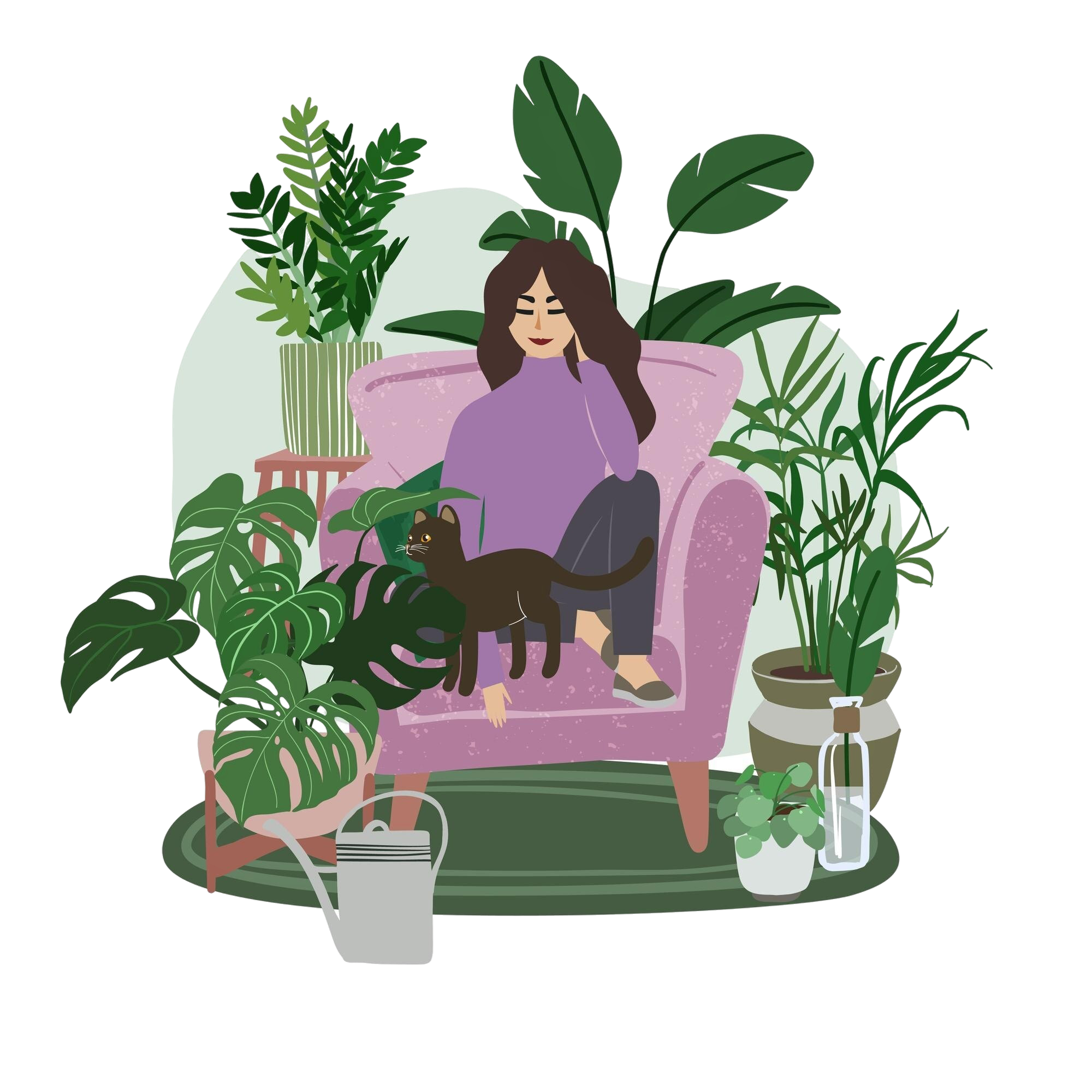 Woman relaxing in a chair with plants and a cat, representing a balanced approach to productivity